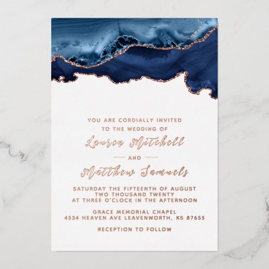 Einladung von Navy Blue & Rose Gold Wedding Foil (Vorderseite)