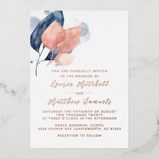Einladung von Navy Blue & Rose Gold Wedding Foil (Vorderseite)