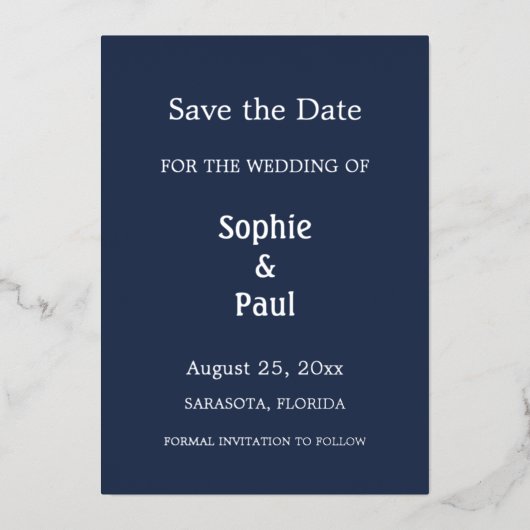 Einladung von Navy Blue Save the Date Foil (Vorderseite)