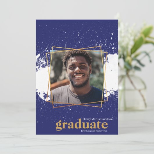 Einladung von Navy & Gold Funky Platsch Abschluss (Stehend Vorderseite)