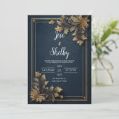 Einladung von Navy Gold Verziert Floral Wedding (Stehend Vorderseite)