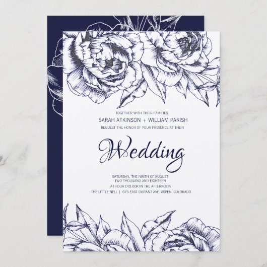Einladung von Navy Peony Simple Wedding (Vorne/Hinten)