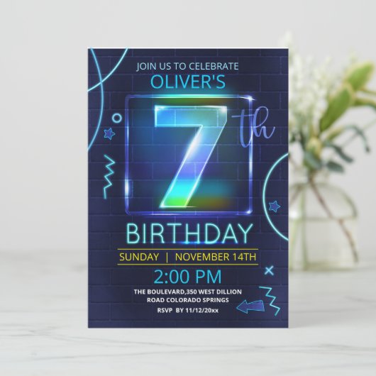 Einladung von Neon Birthday (Stehend Vorderseite)