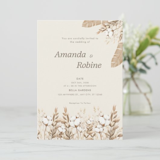 Einladung von Neutral Boho Cotton Floral Wedding (Stehend Vorderseite)