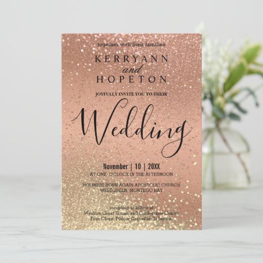 Einladung von Orange Coral und Gold Glitzer (Stehend Vorderseite)