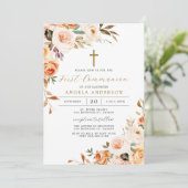 Einladung von Orange Floral Erste Kommune (Stehend Vorderseite)