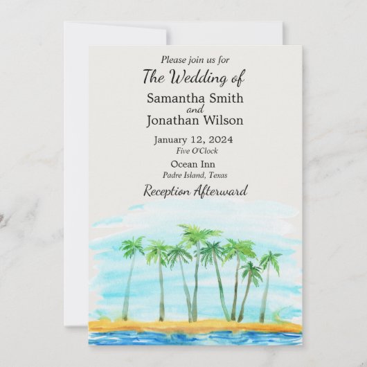 Einladung von Palm Tree and Beach Hochzeit (Vorderseite)