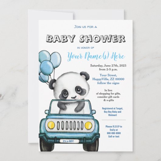 Einladung von Panda Boy Baby Shower Car (Vorderseite)