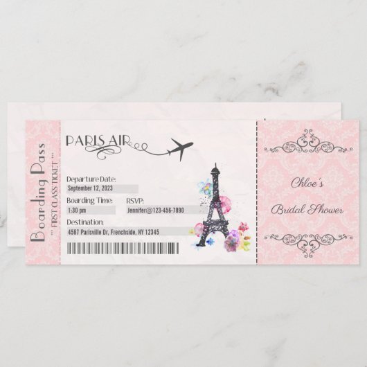 Einladung von Paris, Boarding Pass Einladung, Brid (Vorne/Hinten)
