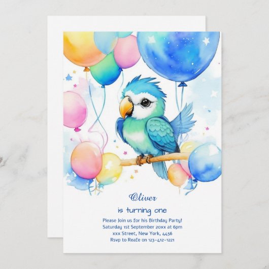 Einladung von Parrot zum ersten Geburtstag (Vorne/Hinten)