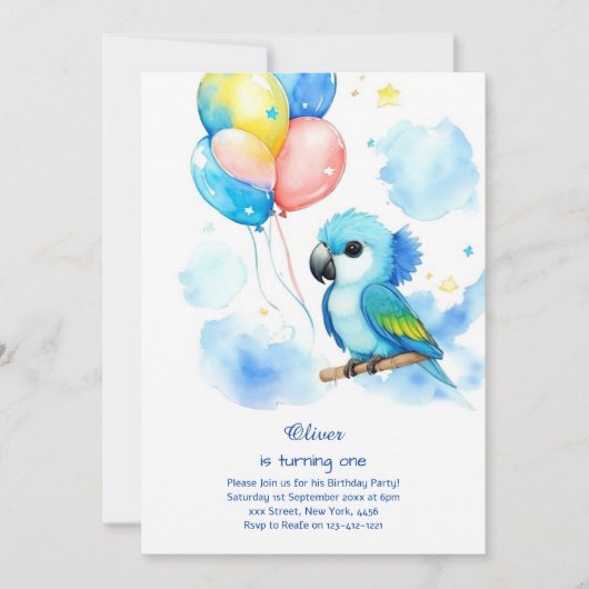 Einladung von Parrot zum ersten Geburtstag (Vorderseite)