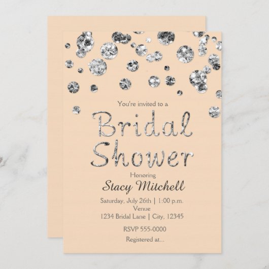 Einladung von Peach and Silver Glitzer Bridal Dusc (Vorne/Hinten)