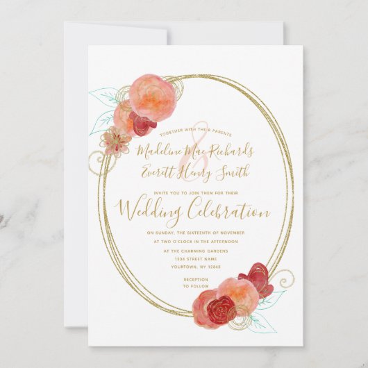 Einladung von Peach Red Gold Floral Wreath (Vorderseite)