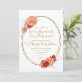 Einladung von Peach Red Gold Floral Wreath (Stehend Vorderseite)