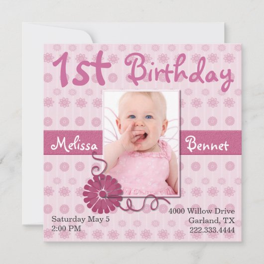Einladung von Pink Baby's First Birthday Foto (Vorderseite)