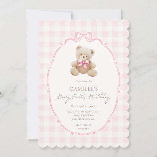 Einladung von Pink Beary zum ersten Geburtstag (Vorderseite)