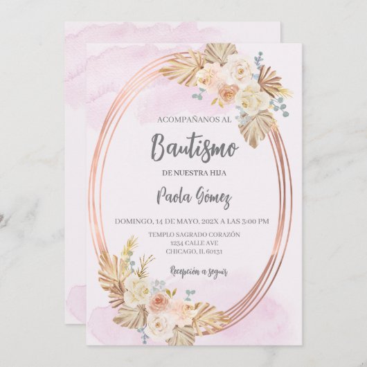 Einladung von Pink Boho zur Taufe für Mädchen (Vorne/Hinten)