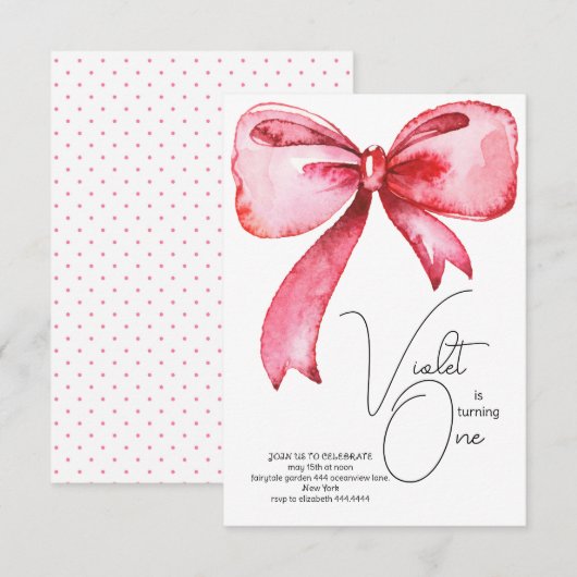 Einladung von Pink Bow zum ersten Geburtstag (Vorne/Hinten)