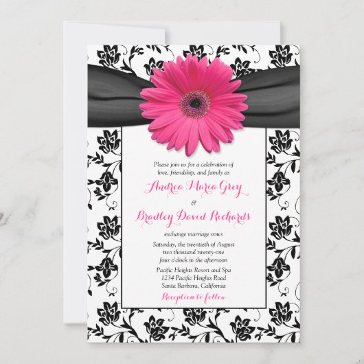 Einladung von Pink Daisy Schwarz-weiß Floral Weddi (Vorderseite)