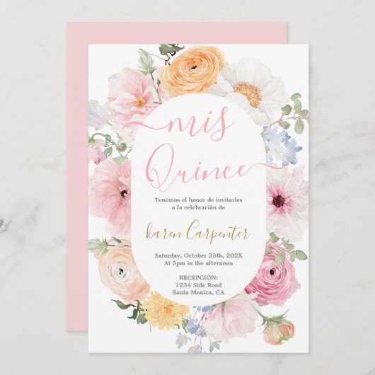 Einladung von Pink Floral Quinceanera (Vorne/Hinten)