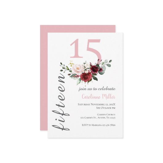 Einladung von Pink Floral Quinceñera (Vorderseite/Rückseite Beispiel)