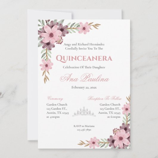 Einladung von Pink Floral Quinceñera (Vorderseite)