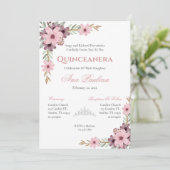 Einladung von Pink Floral Quinceñera (Stehend Vorderseite)