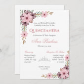 Einladung von Pink Floral Quinceñera (Vorne/Hinten)