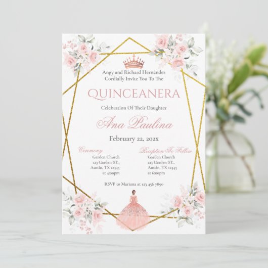 Einladung von Pink Floral Quinceñera (Stehend Vorderseite)