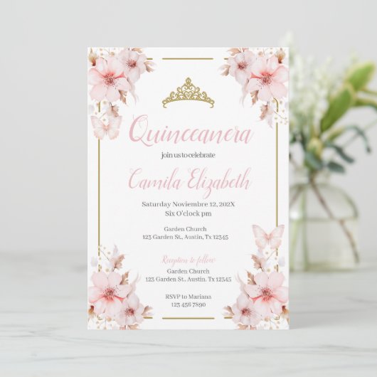 Einladung von Pink Floral Quinceñera (Stehend Vorderseite)