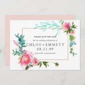 Einladung von Pink Peony Floral Save the Date (Vorne/Hinten)