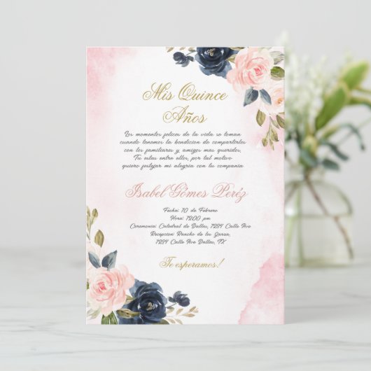 Einladung von Pink Rose Quinceanera ins Spanische (Stehend Vorderseite)