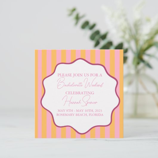 Einladung von Pink und Orange Stripe Bachelorette, (Stehend Vorderseite)
