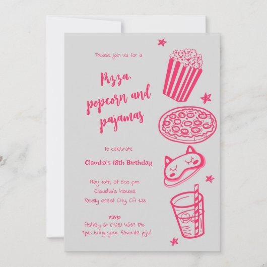 Einladung von Pizza Popcorn und Pajamas (Vorderseite)