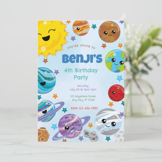 Einladung von Planeten Geburtstagsparty (Stehend Vorderseite)