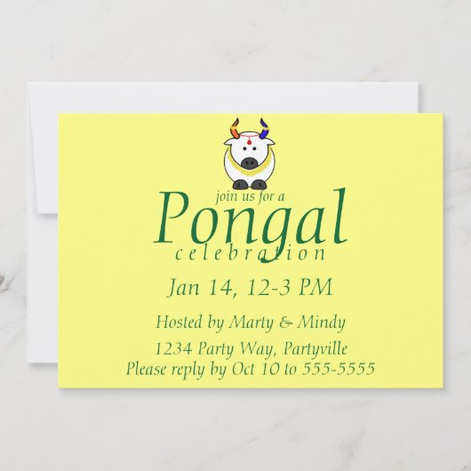 Einladung von Pongal Pot, Kuh und Baum (Vorderseite)