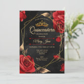 Einladung von Quinceanera Black Red Gold (Stehend Vorderseite)