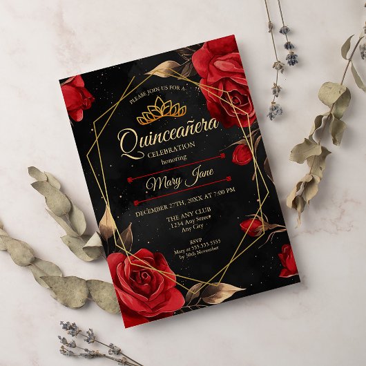 Einladung von Quinceanera Black Red Gold