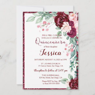 Einladung von Quinceanera Burgundy Red Floral Glit