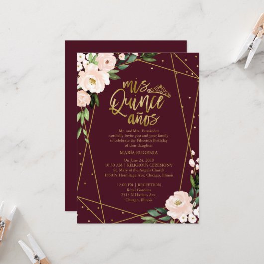 Einladung von Quinceanera Gold Burgundy Blush Blor (Vorderseite/Rückseite Beispiel)