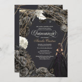 Einladung von Quinceañera - Schwarze und goldene R (Vorne/Hinten)