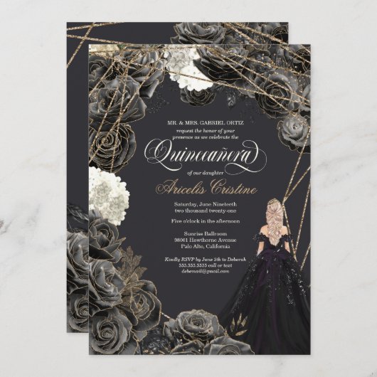 Einladung von Quinceañera - Schwarze und goldene R (Vorne/Hinten)