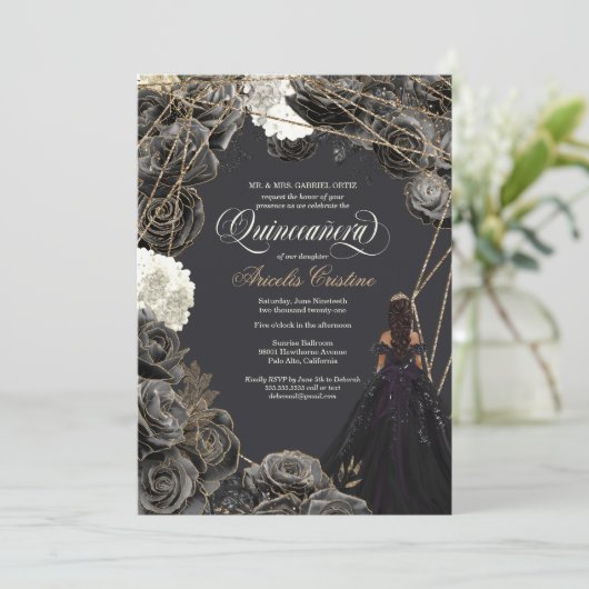 Einladung von Quinceañera - Schwarze und goldene R (Stehend Vorderseite)