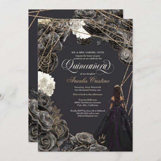 Einladung von Quinceañera - Schwarze und goldene R (Vorne/Hinten)