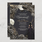 Einladung von Quinceañera - Schwarze und goldene R (Vorne/Hinten)