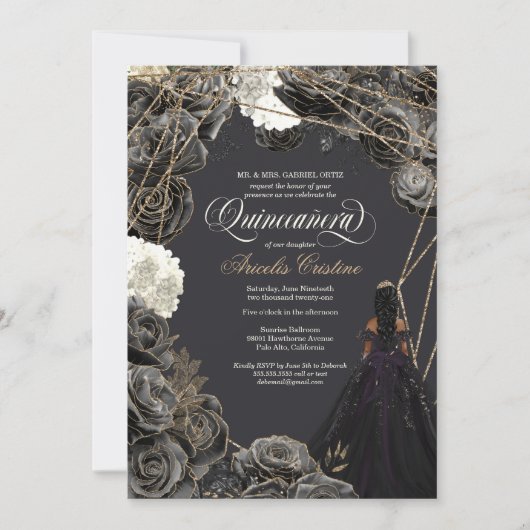 Einladung von Quinceañera - Schwarze und goldene R (Vorderseite)