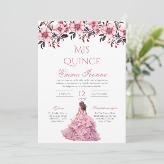 Einladung von Quinceñera in Spanisch Rosa (Stehend Vorderseite)