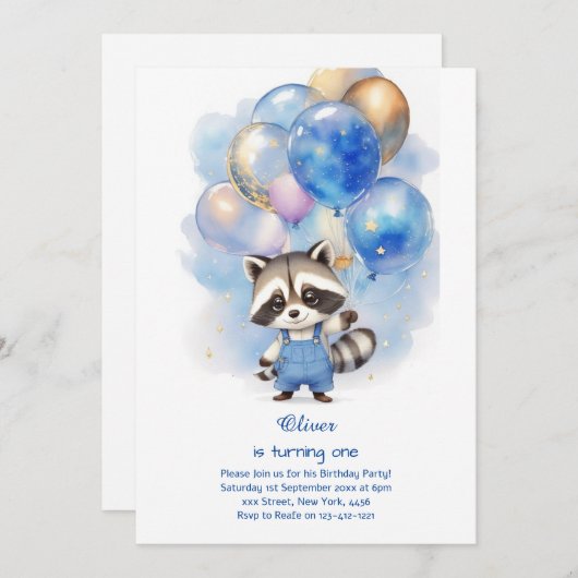 Einladung von Raccoon zum ersten Geburtstag (Vorne/Hinten)