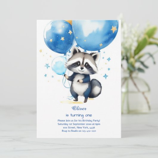 Einladung von Raccoon zum ersten Geburtstag (Stehend Vorderseite)