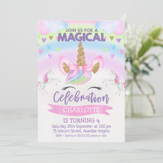 Einladung von Rainbow Unicorn (Stehend Vorderseite)